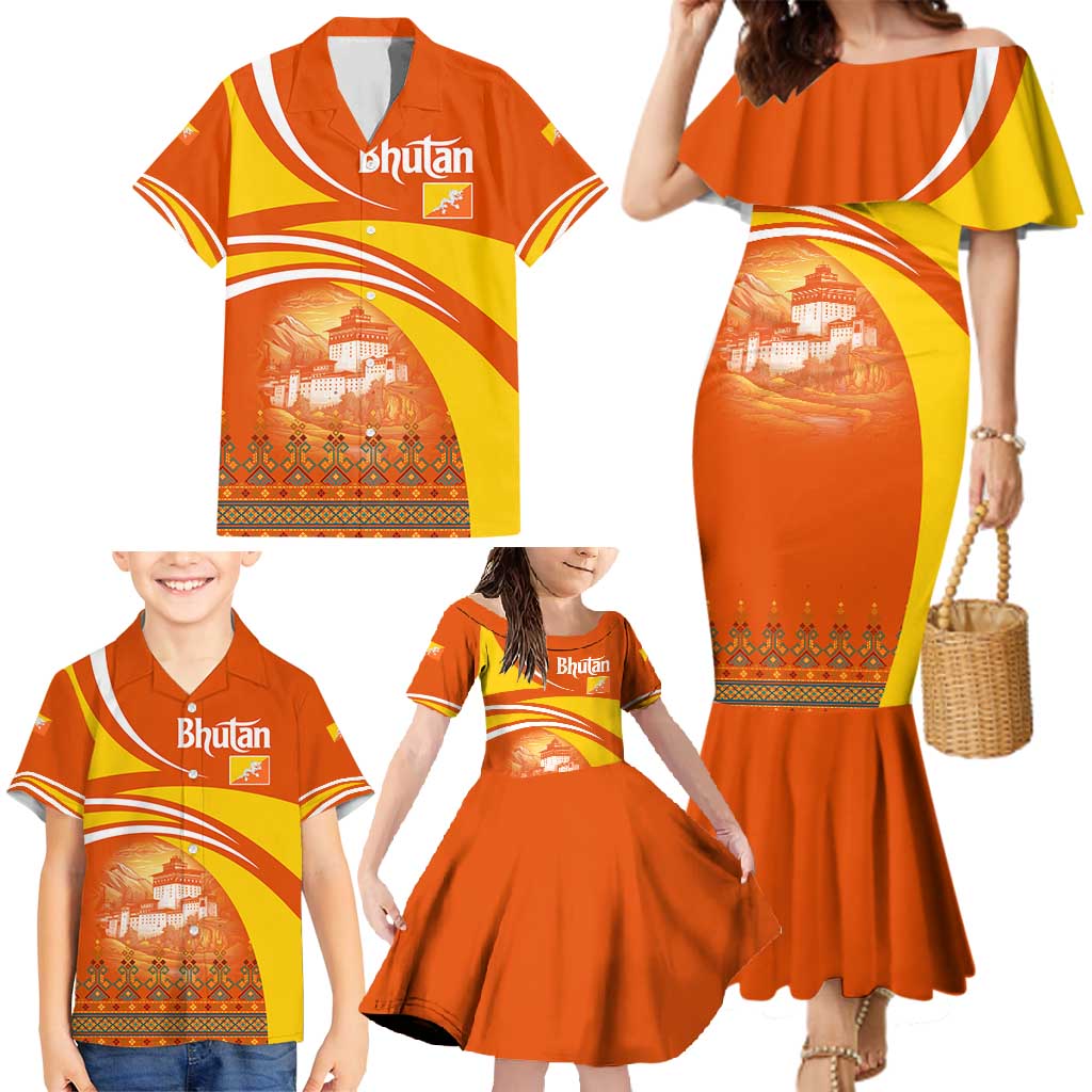 Bhutan Heritage Family Matching Mermaid Dress and Hawaiian Shirt with Paro Monastery and Druk Dragon