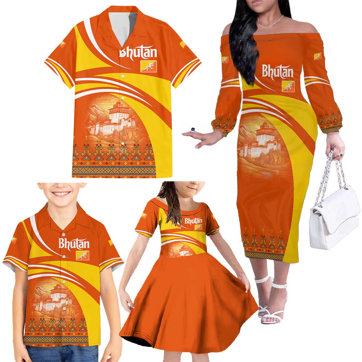 Bhutan Heritage Family Matching Off The Shoulder Long Sleeve Dress and Hawaiian Shirt with Paro Monastery and Druk Dragon