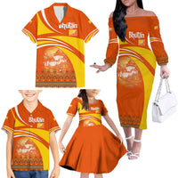 Bhutan Heritage Family Matching Off The Shoulder Long Sleeve Dress and Hawaiian Shirt with Paro Monastery and Druk Dragon