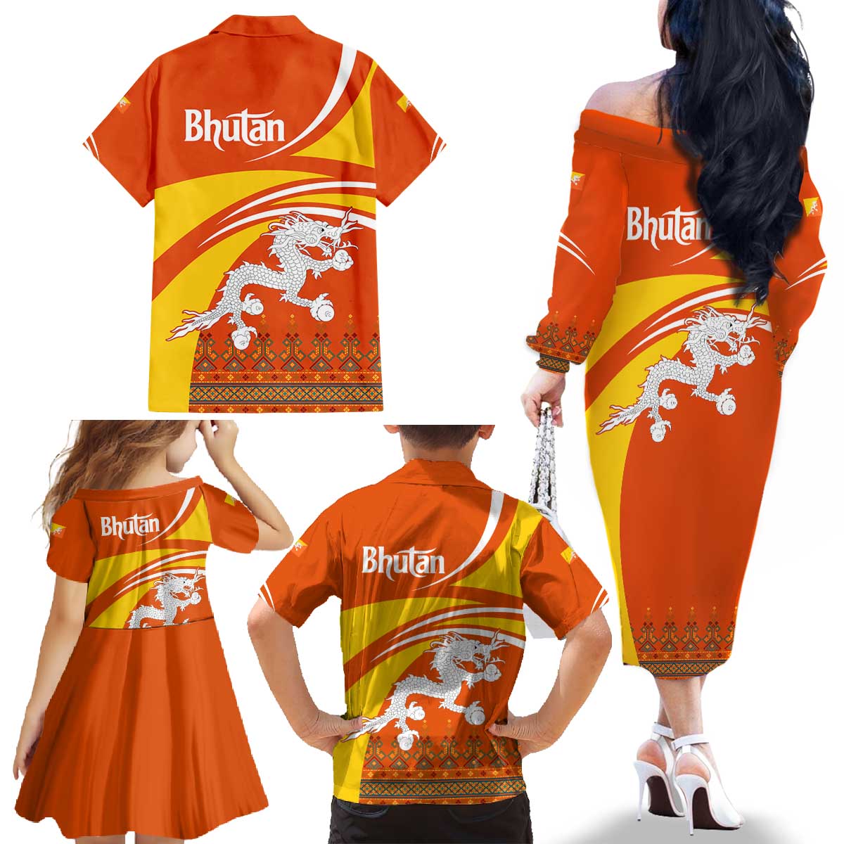Bhutan Heritage Family Matching Off The Shoulder Long Sleeve Dress and Hawaiian Shirt with Paro Monastery and Druk Dragon