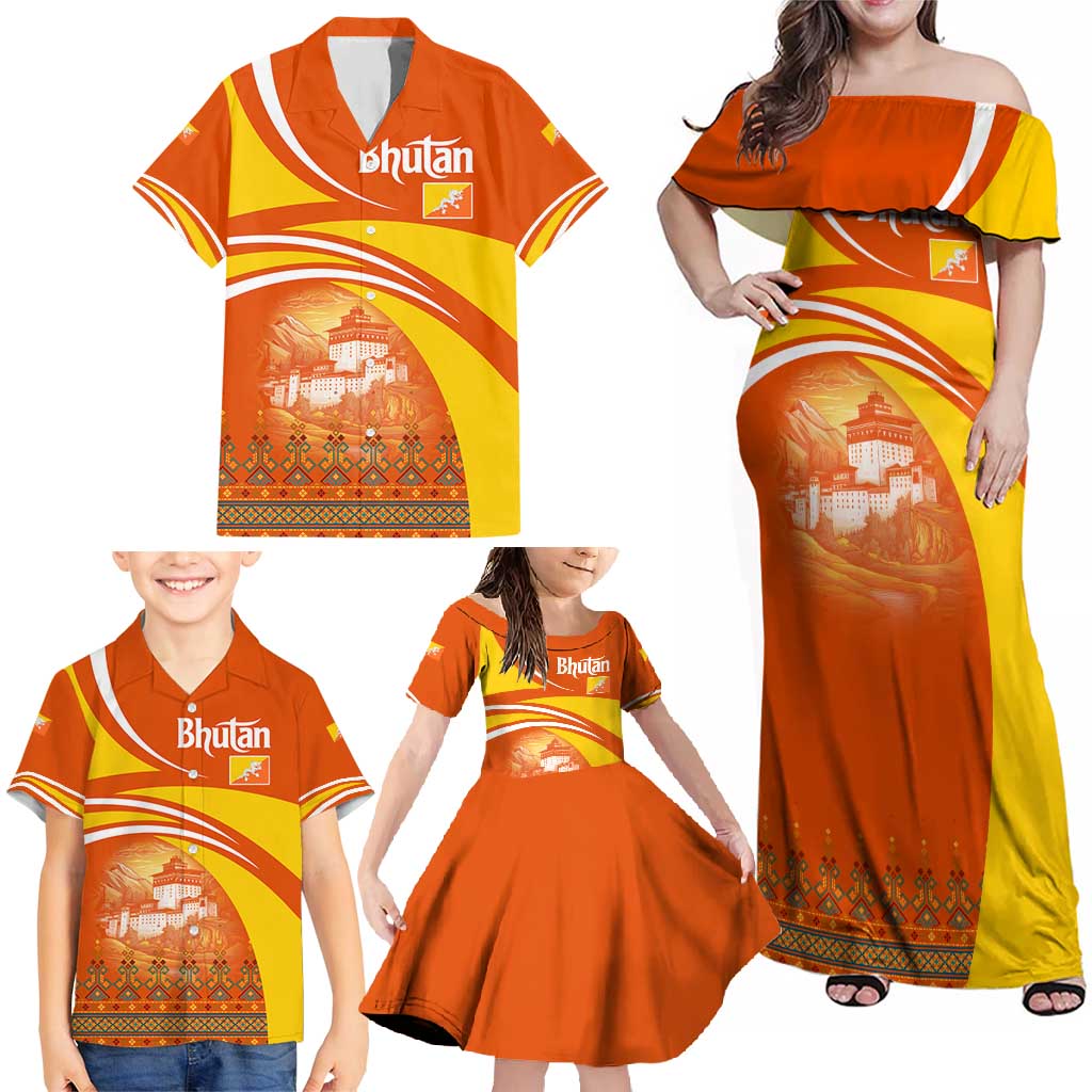 Bhutan Heritage Family Matching Off Shoulder Maxi Dress and Hawaiian Shirt with Paro Monastery and Druk Dragon