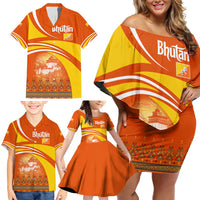 Bhutan Heritage Family Matching Off Shoulder Short Dress and Hawaiian Shirt with Paro Monastery and Druk Dragon