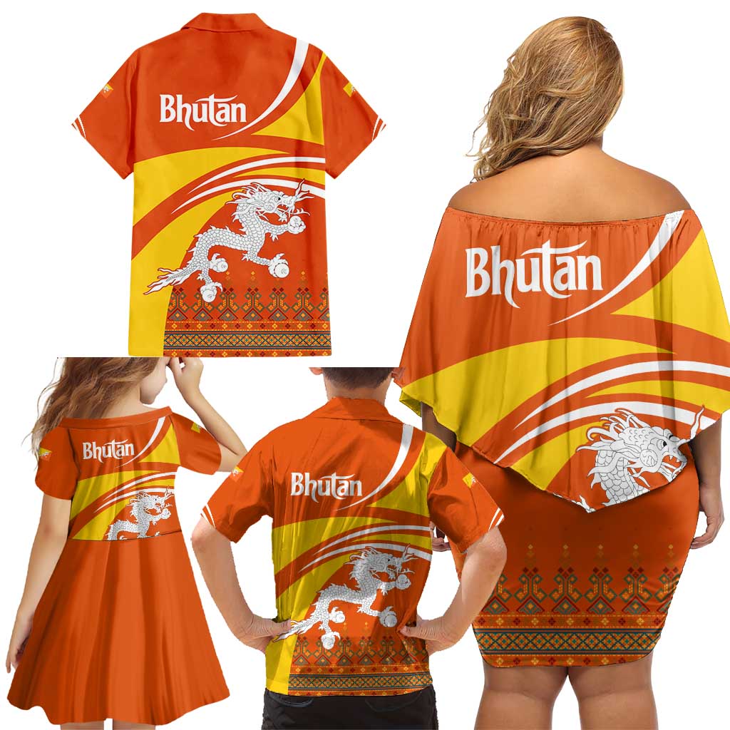 Bhutan Heritage Family Matching Off Shoulder Short Dress and Hawaiian Shirt with Paro Monastery and Druk Dragon