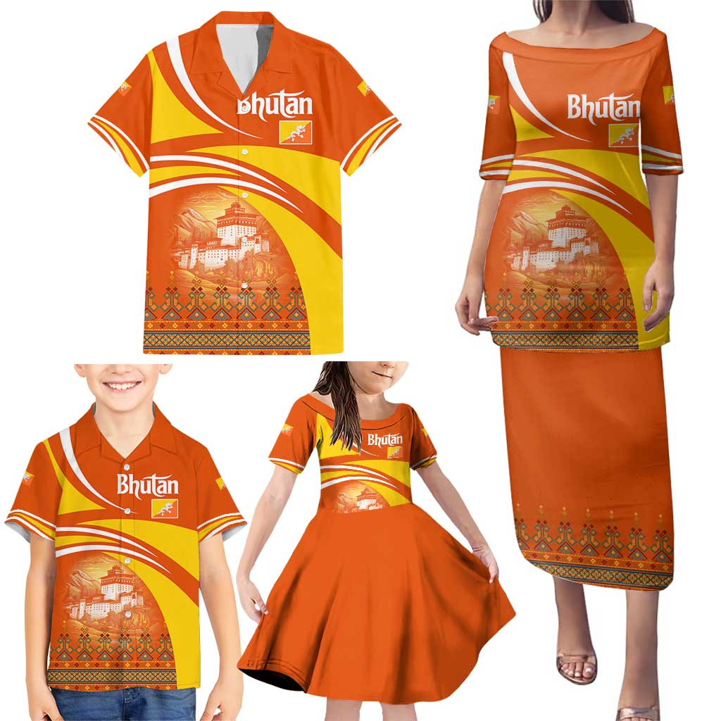 Bhutan Heritage Family Matching Puletasi and Hawaiian Shirt with Paro Monastery and Druk Dragon