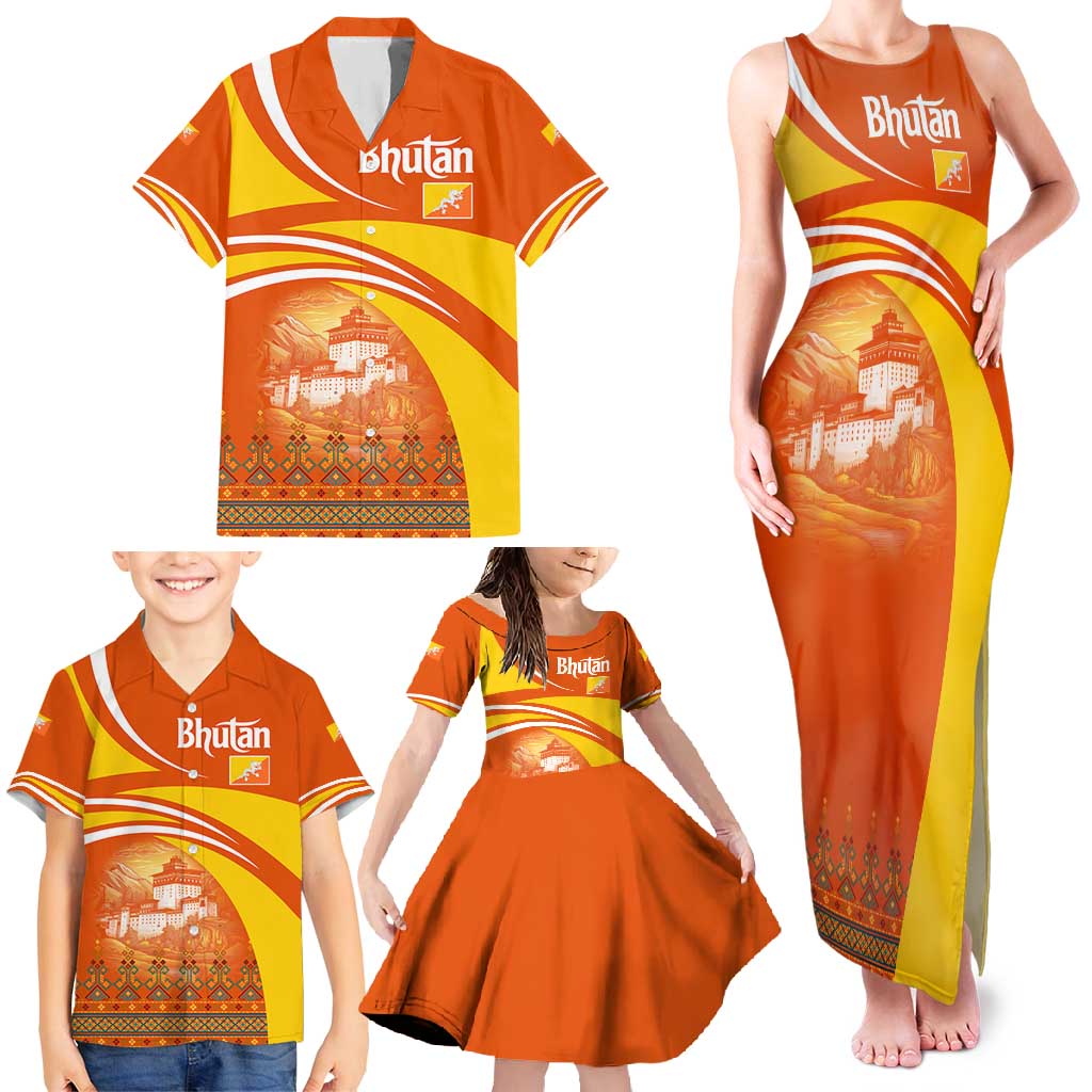 Bhutan Heritage Family Matching Tank Maxi Dress and Hawaiian Shirt with Paro Monastery and Druk Dragon