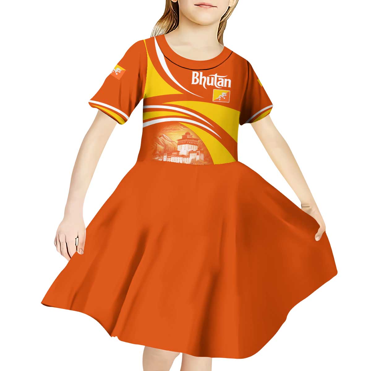 Bhutan Heritage Kid Short Sleeve Dress with Paro Monastery and Druk Dragon