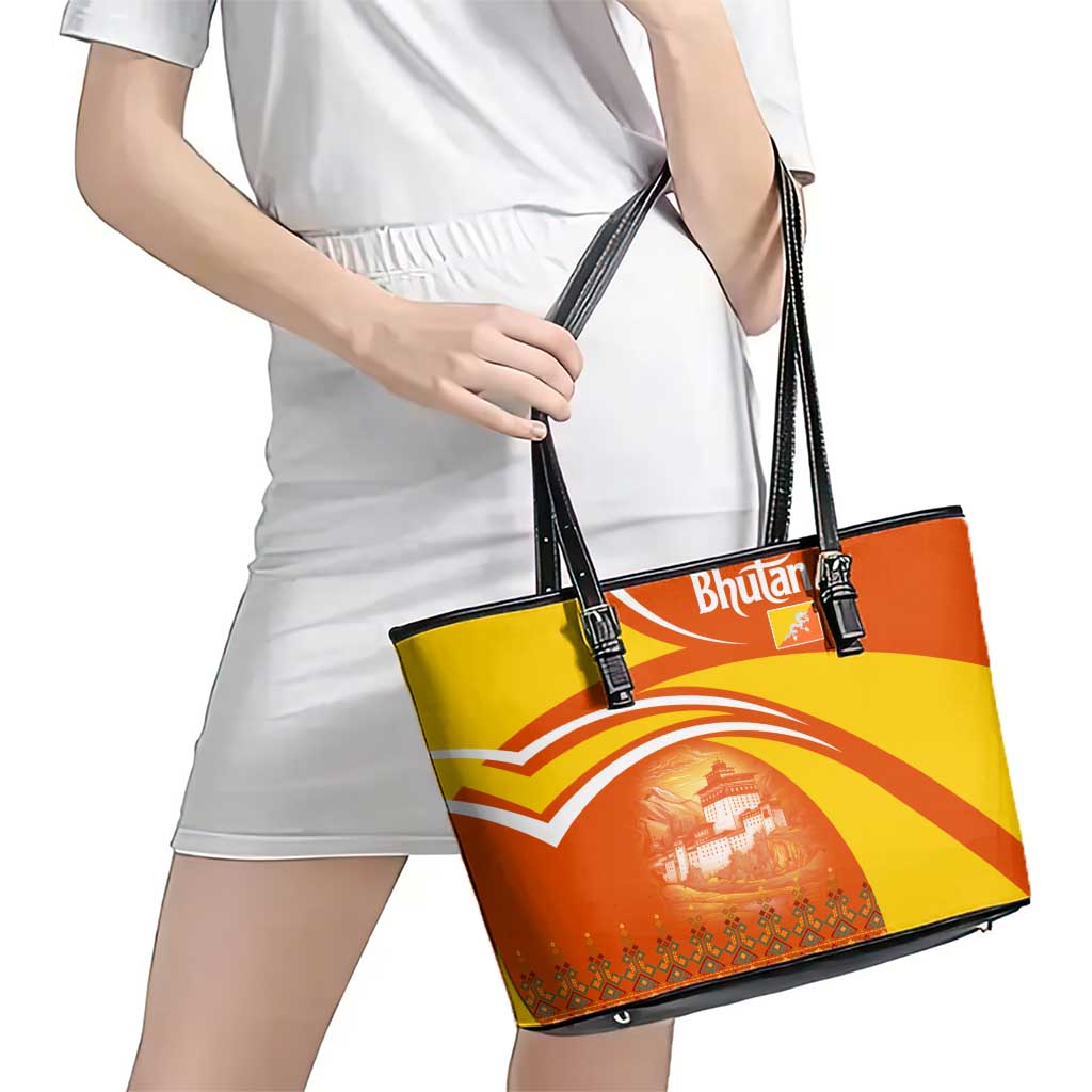 Bhutan Heritage Leather Tote Bag with Paro Monastery and Druk Dragon