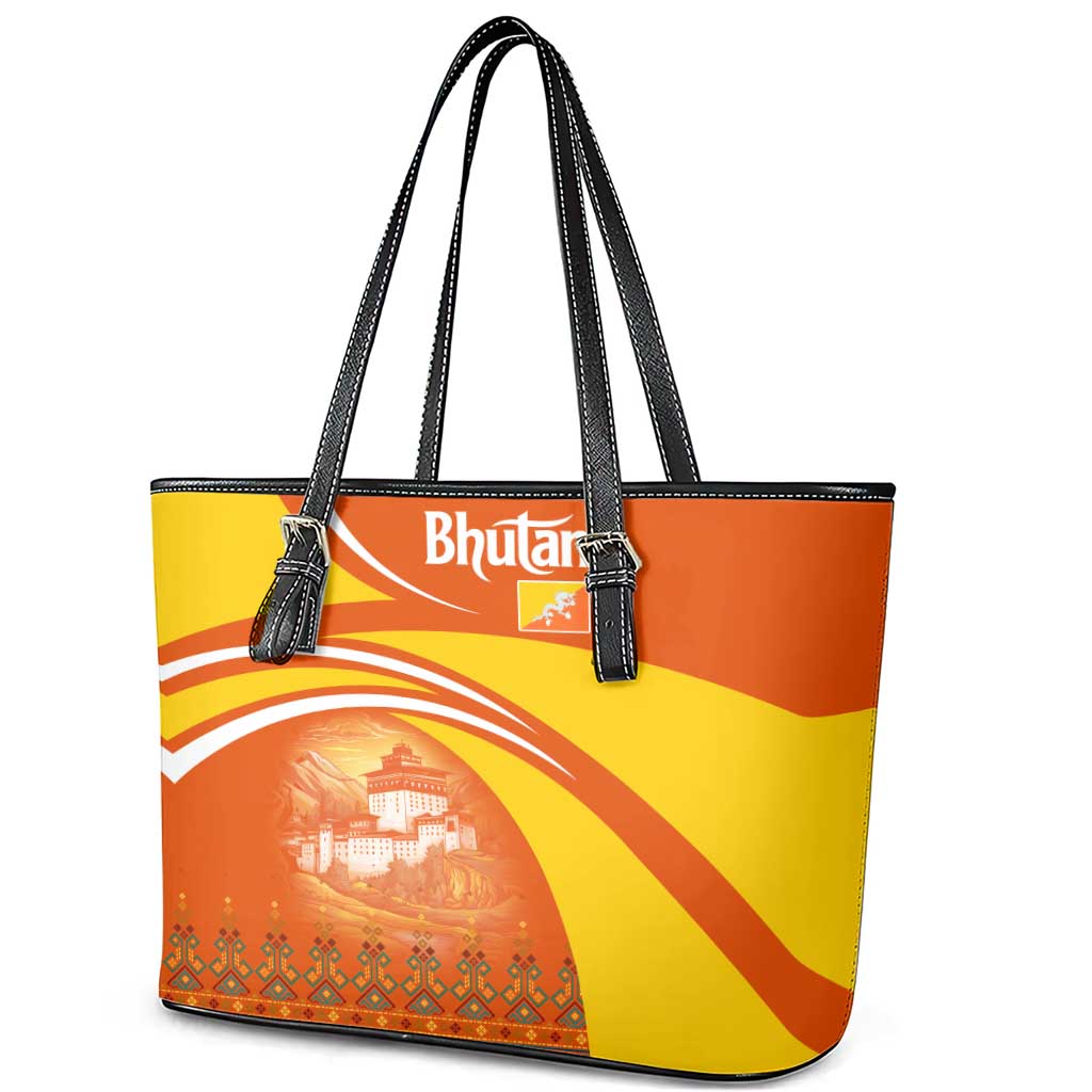 Bhutan Heritage Leather Tote Bag with Paro Monastery and Druk Dragon