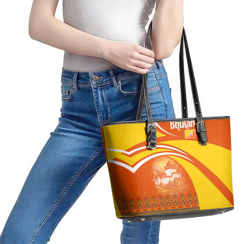 Bhutan Heritage Leather Tote Bag with Paro Monastery and Druk Dragon