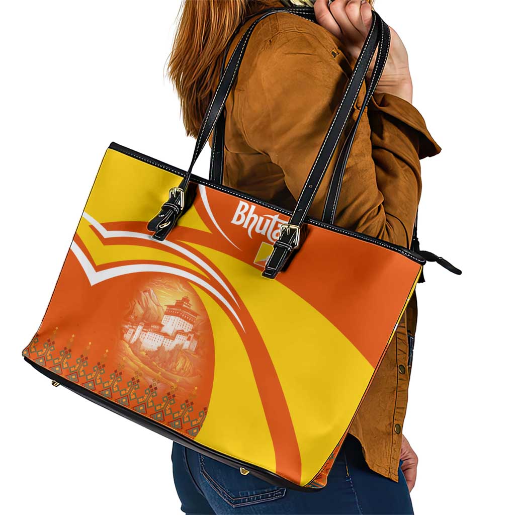 Bhutan Heritage Leather Tote Bag with Paro Monastery and Druk Dragon
