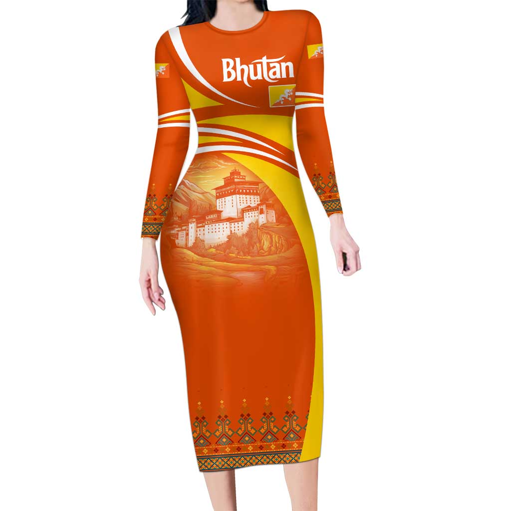 Bhutan Heritage Long Sleeve Bodycon Dress with Paro Monastery and Druk Dragon