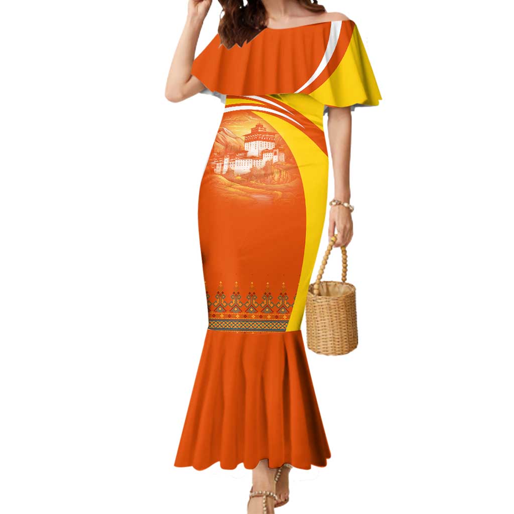 Bhutan Heritage Mermaid Dress with Paro Monastery and Druk Dragon