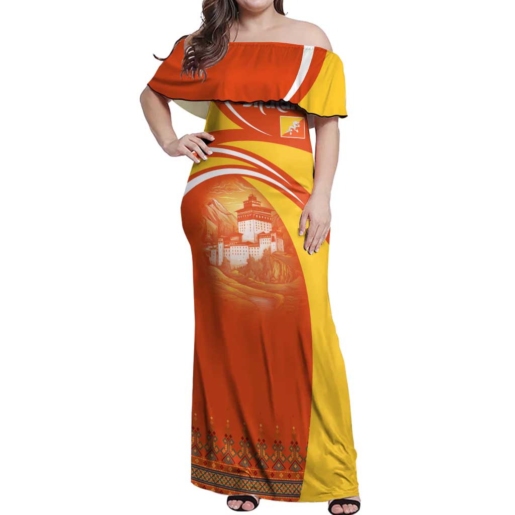 Bhutan Heritage Off Shoulder Maxi Dress with Paro Monastery and Druk Dragon