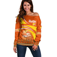 Bhutan Heritage Off Shoulder Sweater with Paro Monastery and Druk Dragon