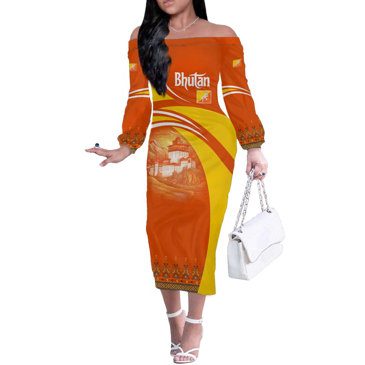 Bhutan Heritage Off The Shoulder Long Sleeve Dress with Paro Monastery and Druk Dragon