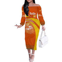 Bhutan Heritage Off The Shoulder Long Sleeve Dress with Paro Monastery and Druk Dragon