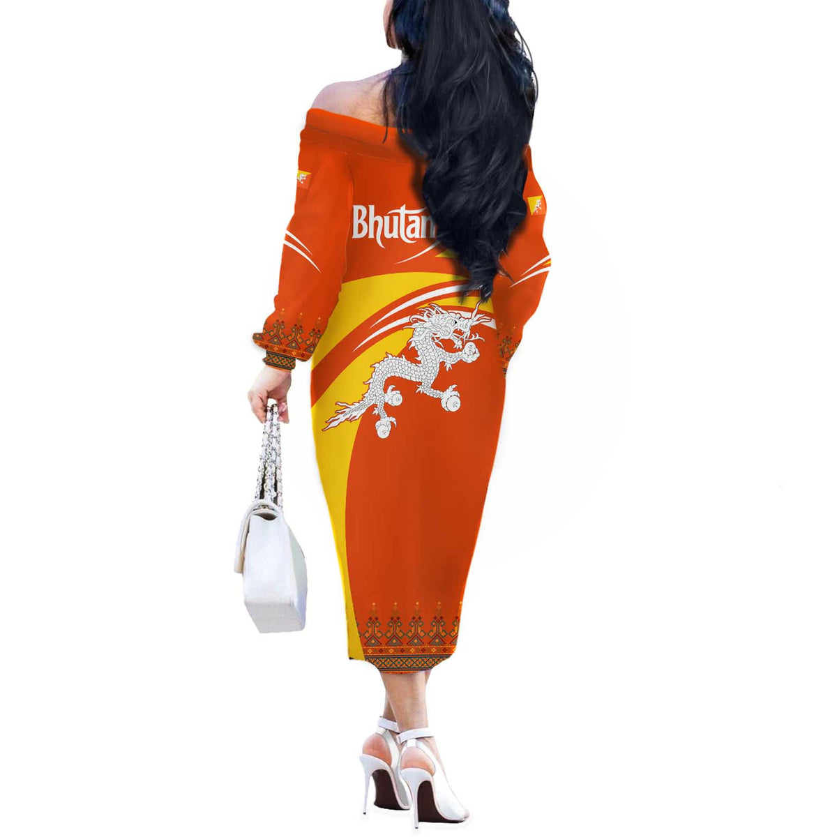 Bhutan Heritage Off The Shoulder Long Sleeve Dress with Paro Monastery and Druk Dragon