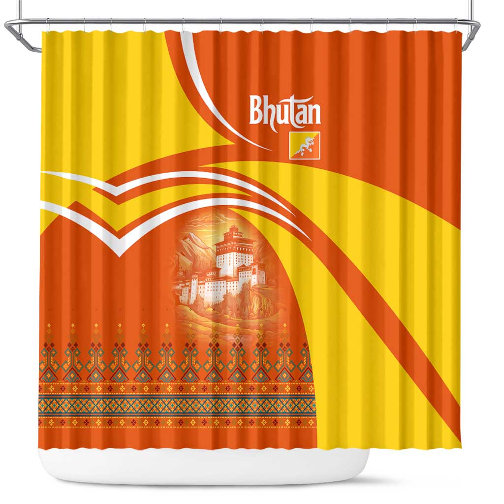 Bhutan Heritage Shower Curtain with Paro Monastery and Druk Dragon