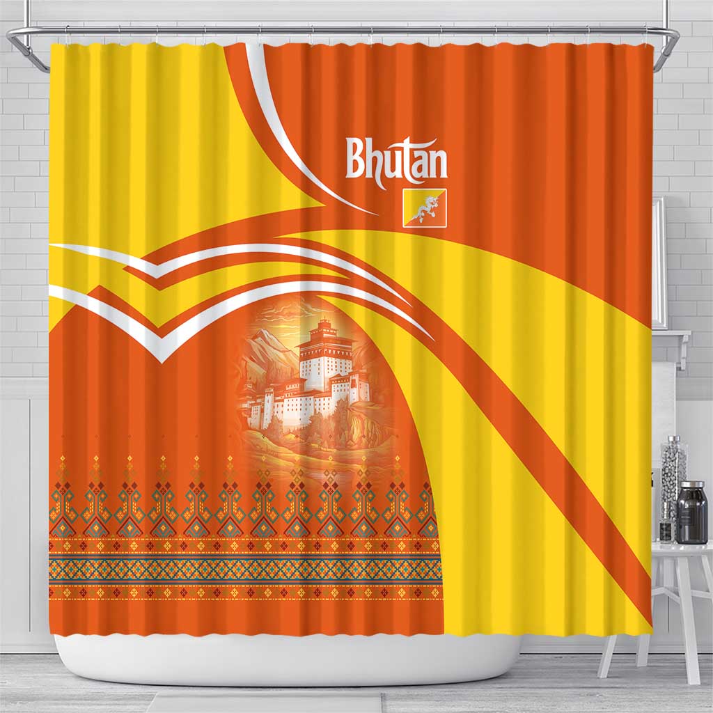 Bhutan Heritage Shower Curtain with Paro Monastery and Druk Dragon