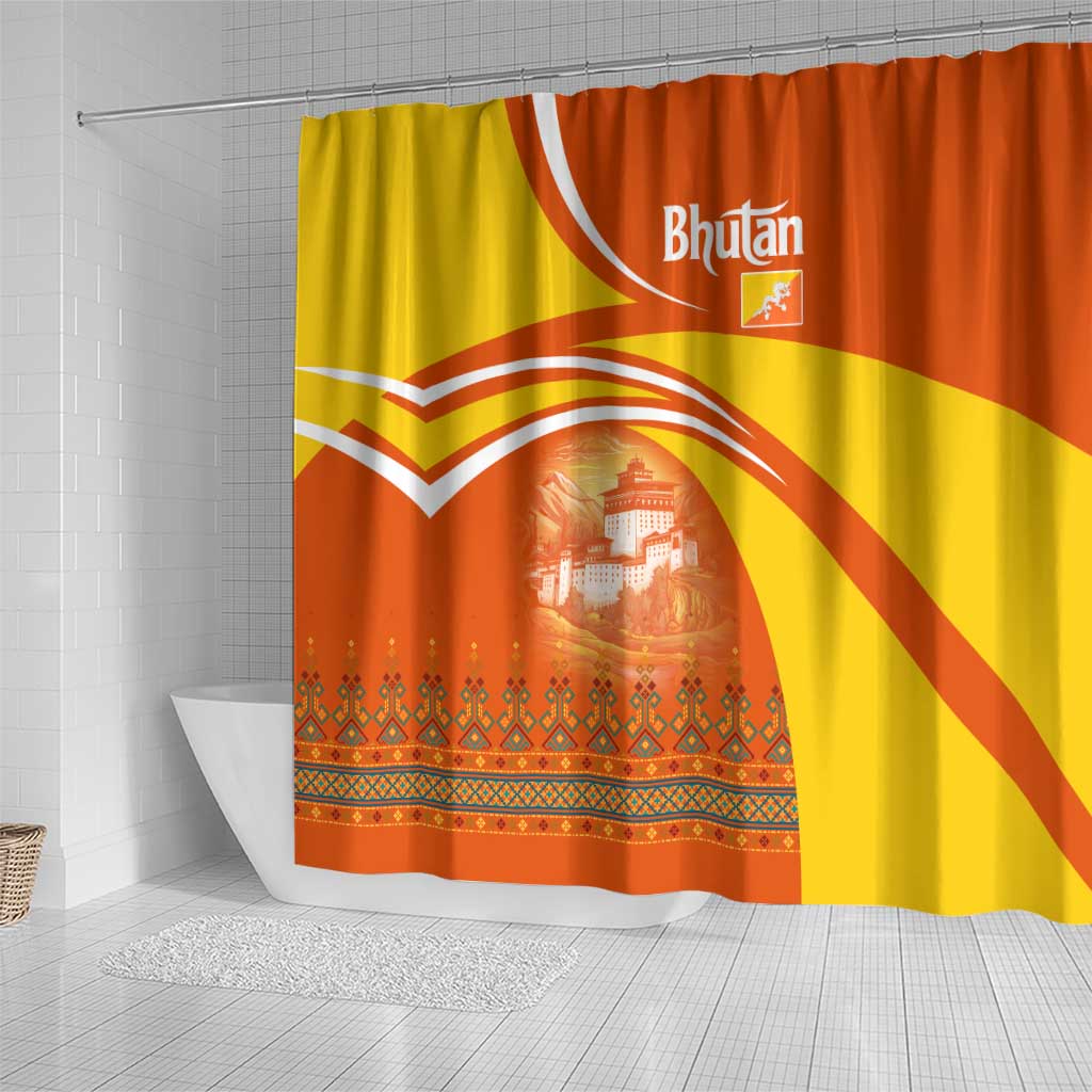 Bhutan Heritage Shower Curtain with Paro Monastery and Druk Dragon