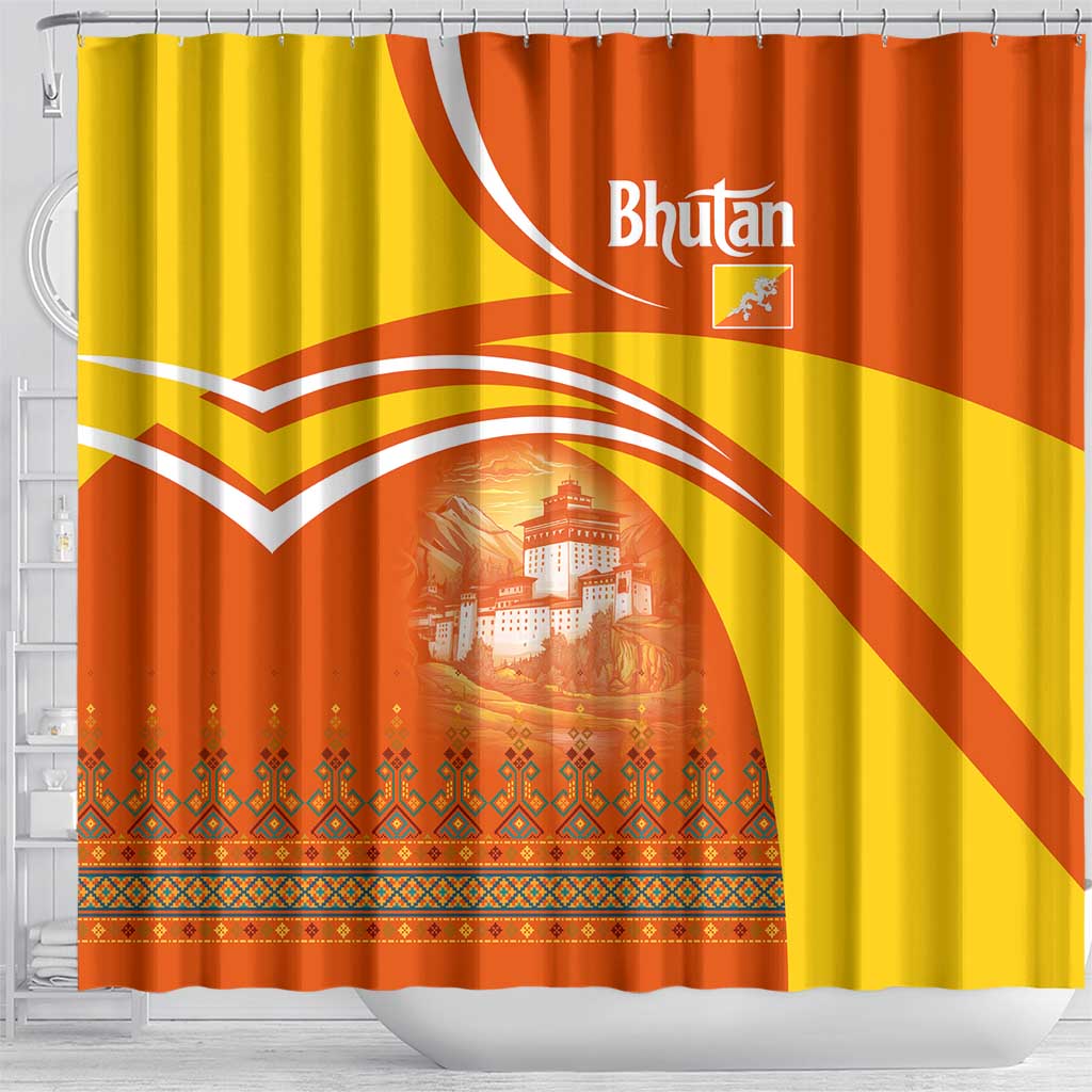 Bhutan Heritage Shower Curtain with Paro Monastery and Druk Dragon
