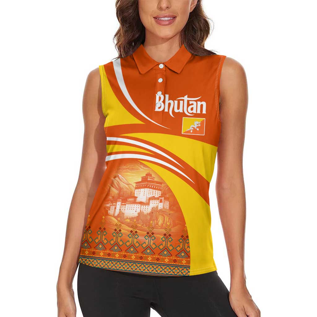 Bhutan Heritage Women Sleeveless Polo Shirt with Paro Monastery and Druk Dragon