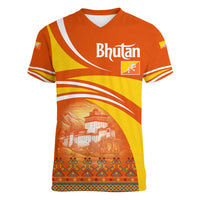 Bhutan Heritage Women V-Neck T-Shirt with Paro Monastery and Druk Dragon