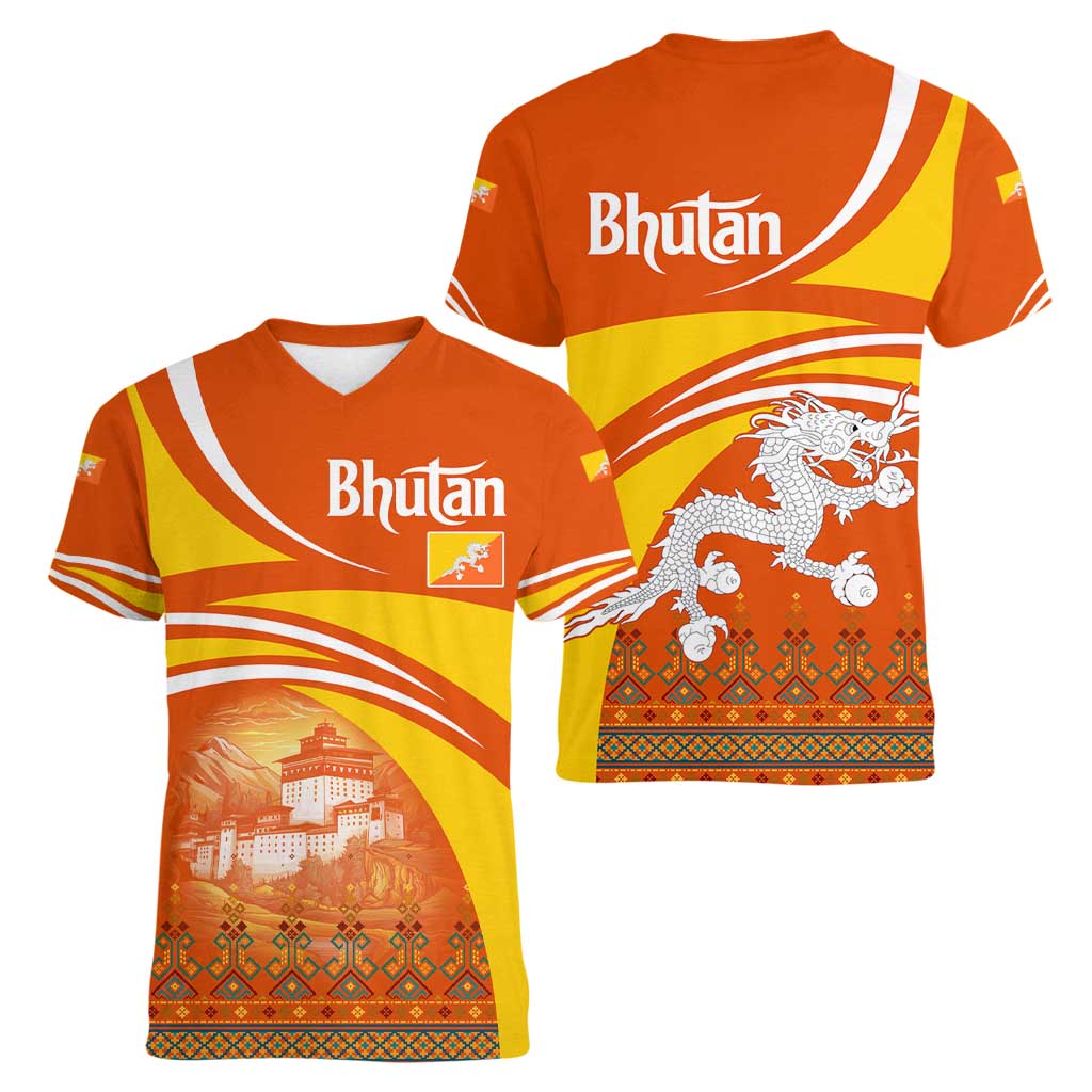 Bhutan Heritage Women V-Neck T-Shirt with Paro Monastery and Druk Dragon