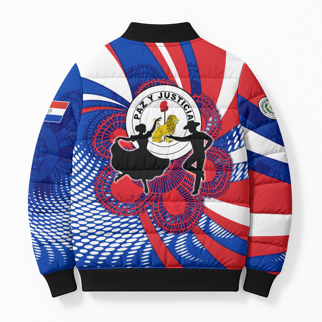 Paraguay Flag Day Bomber Puffer Jacket Patriotic Sunburst Traditional Ñandutí Lace