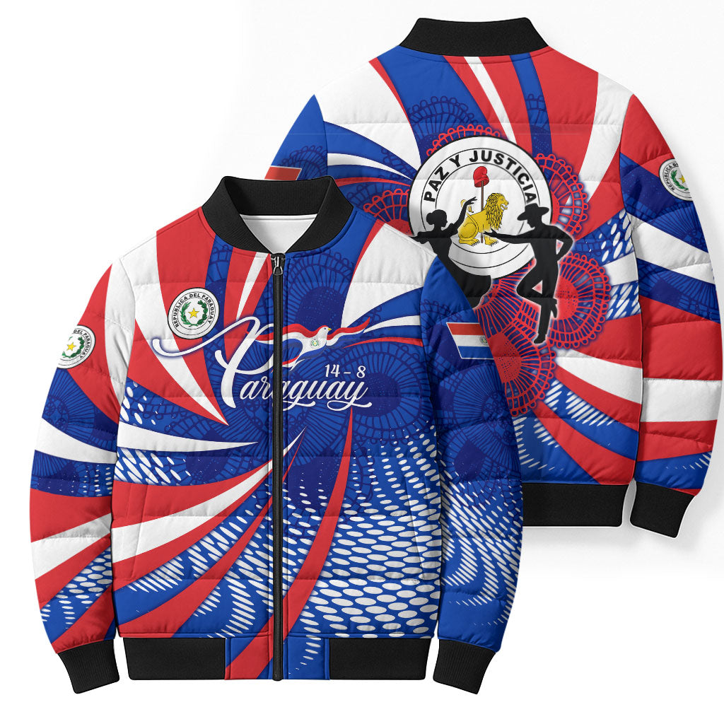 Paraguay Flag Day Bomber Puffer Jacket Patriotic Sunburst Traditional Ñandutí Lace