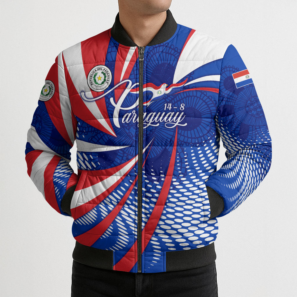 Paraguay Flag Day Bomber Puffer Jacket Patriotic Sunburst Traditional Ñandutí Lace