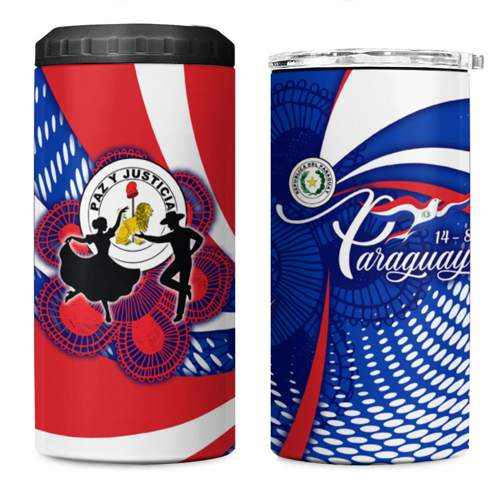 Paraguay Flag Day 4 in 1 Can Cooler Tumbler Patriotic Sunburst Traditional Ñandutí Lace