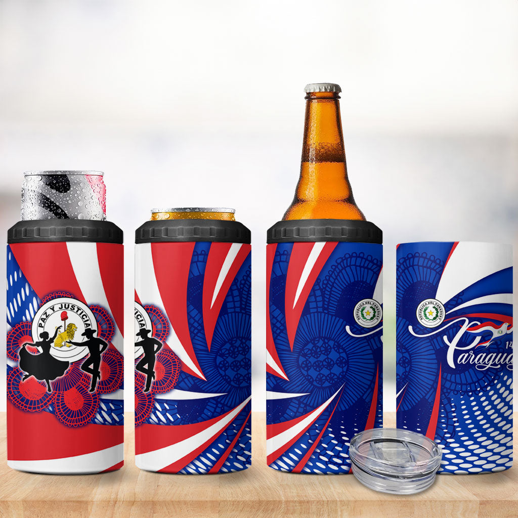 Paraguay Flag Day 4 in 1 Can Cooler Tumbler Patriotic Sunburst Traditional Ñandutí Lace
