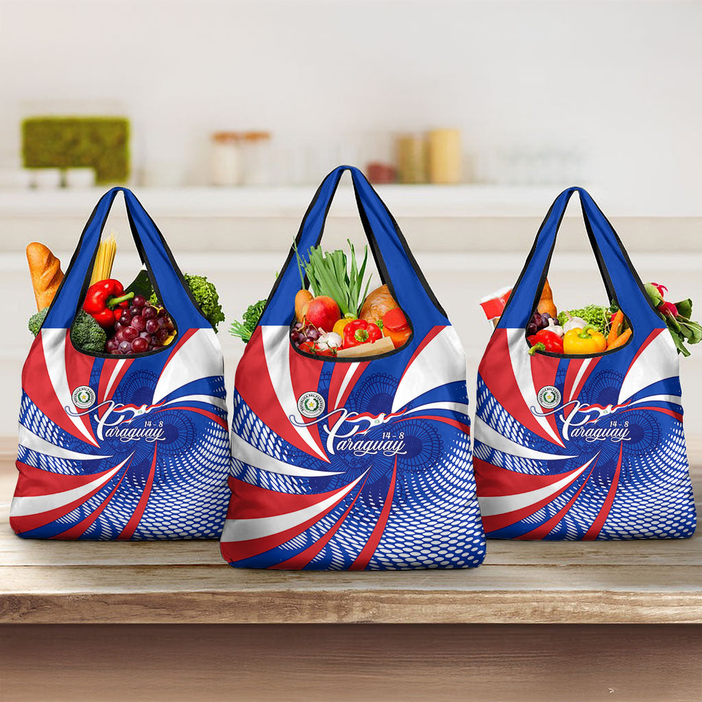 Paraguay Flag Day Grocery Bag Patriotic Sunburst Traditional Ñandutí Lace