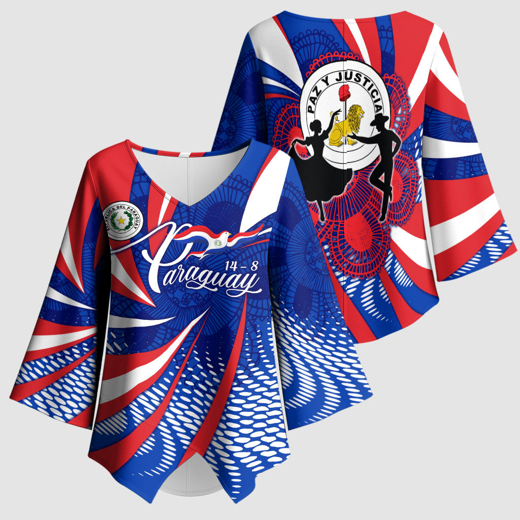Paraguay Flag Day Kimono Sleeve Blouse Patriotic Sunburst Traditional Ñandutí Lace