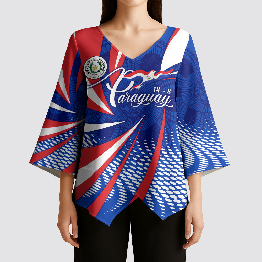 Paraguay Flag Day Kimono Sleeve Blouse Patriotic Sunburst Traditional Ñandutí Lace