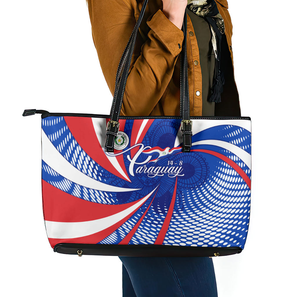 Paraguay Flag Day Leather Tote Bag Patriotic Sunburst Traditional Ñandutí Lace