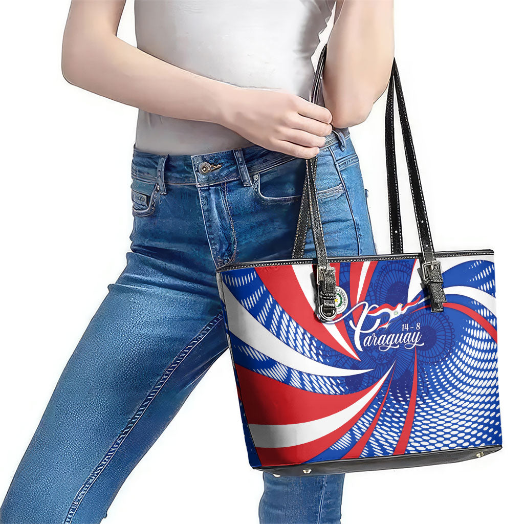 Paraguay Flag Day Leather Tote Bag Patriotic Sunburst Traditional Ñandutí Lace