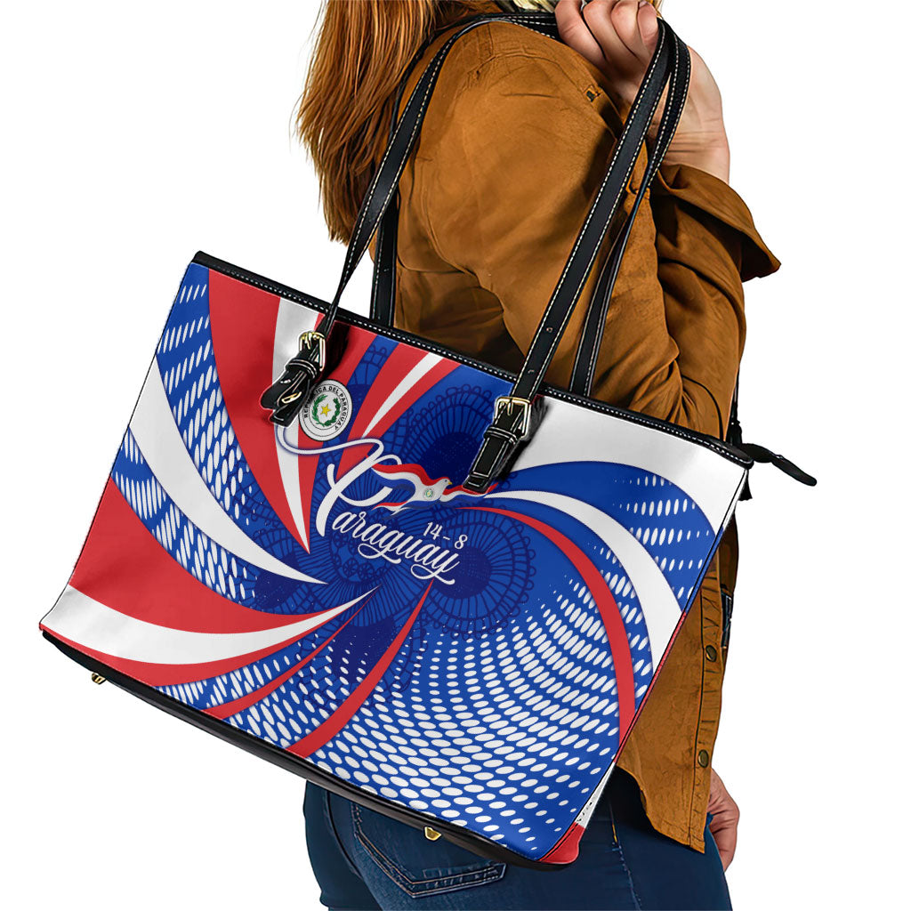Paraguay Flag Day Leather Tote Bag Patriotic Sunburst Traditional Ñandutí Lace