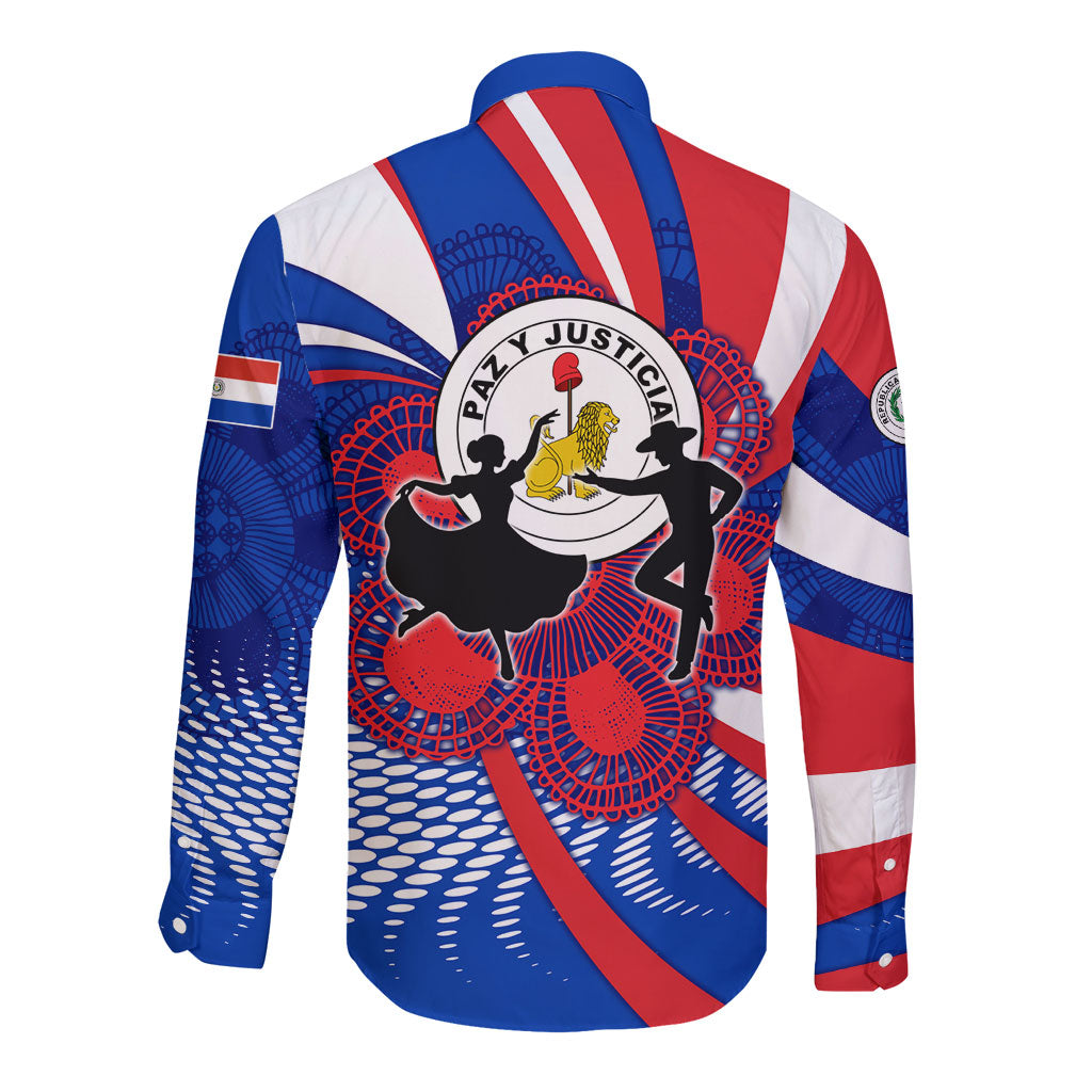 Paraguay Flag Day Long Sleeve Button Shirt Patriotic Sunburst Traditional Ñandutí Lace