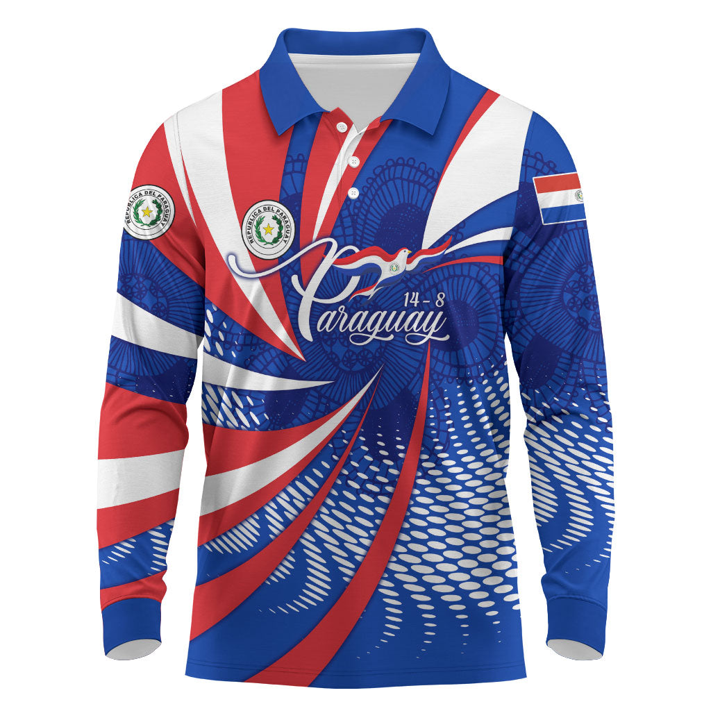 Paraguay Flag Day Long Sleeve Polo Shirt Patriotic Sunburst Traditional Ñandutí Lace