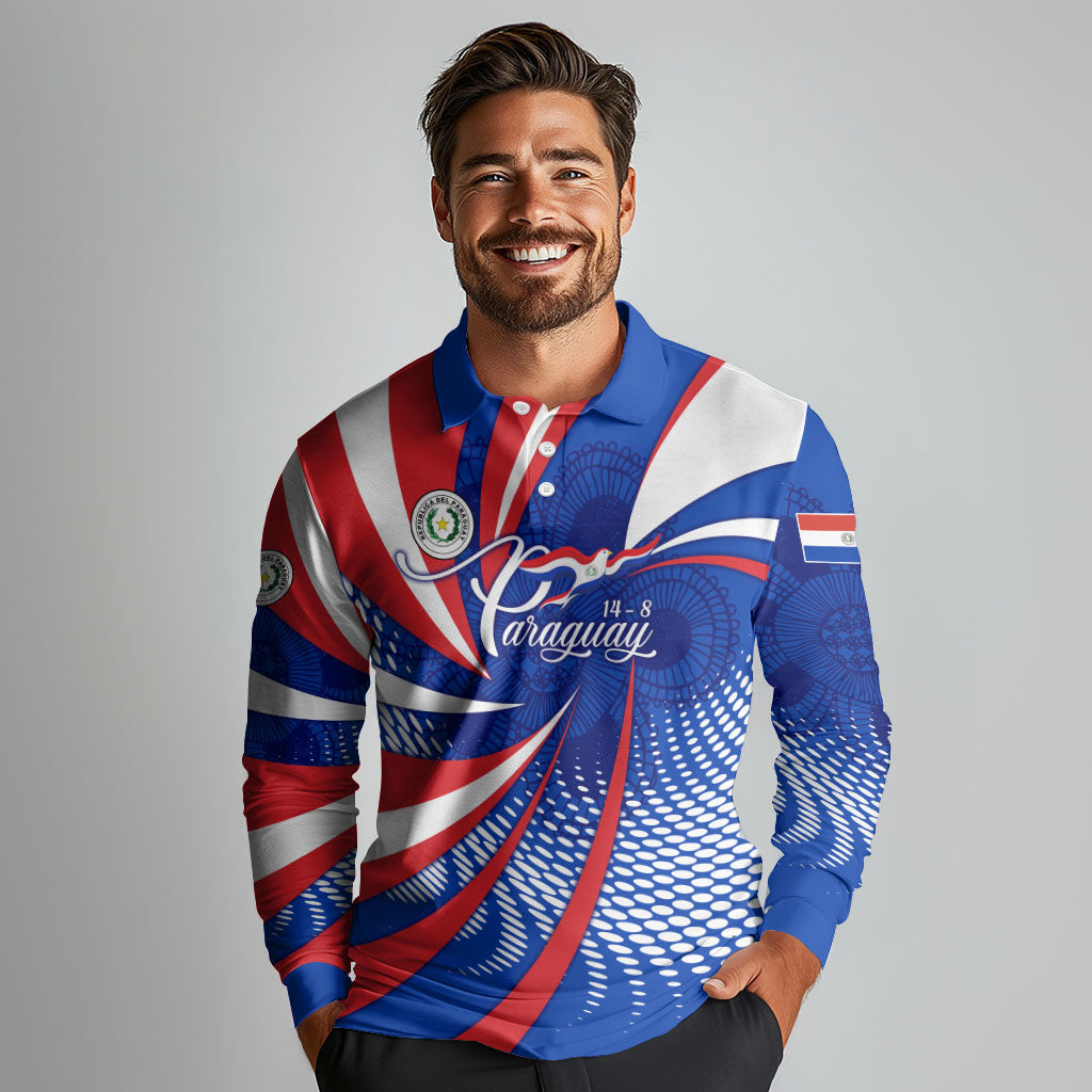 Paraguay Flag Day Long Sleeve Polo Shirt Patriotic Sunburst Traditional Ñandutí Lace