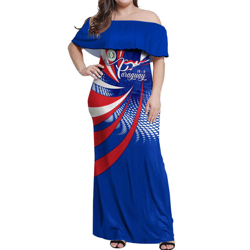 Paraguay Flag Day Off Shoulder Maxi Dress Patriotic Sunburst Traditional Ñandutí Lace