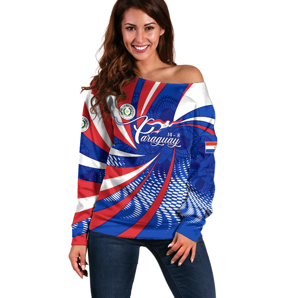 Paraguay Flag Day Off Shoulder Sweater Patriotic Sunburst Traditional Ñandutí Lace