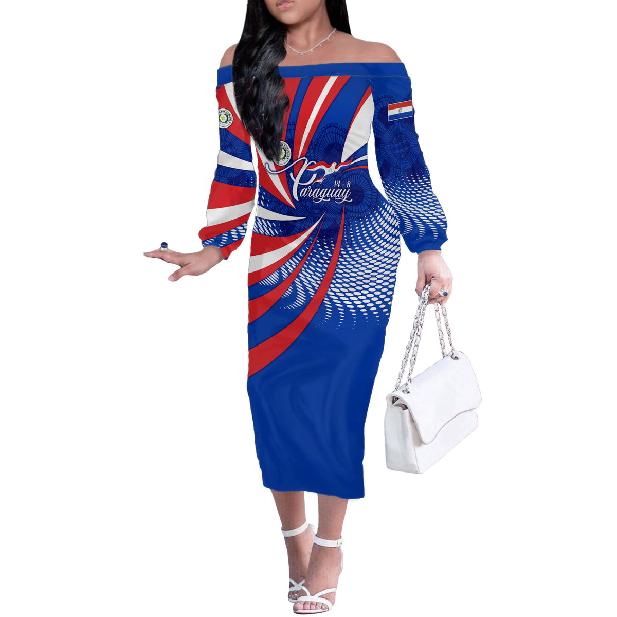 Paraguay Flag Day Off The Shoulder Long Sleeve Dress Patriotic Sunburst Traditional Ñandutí Lace