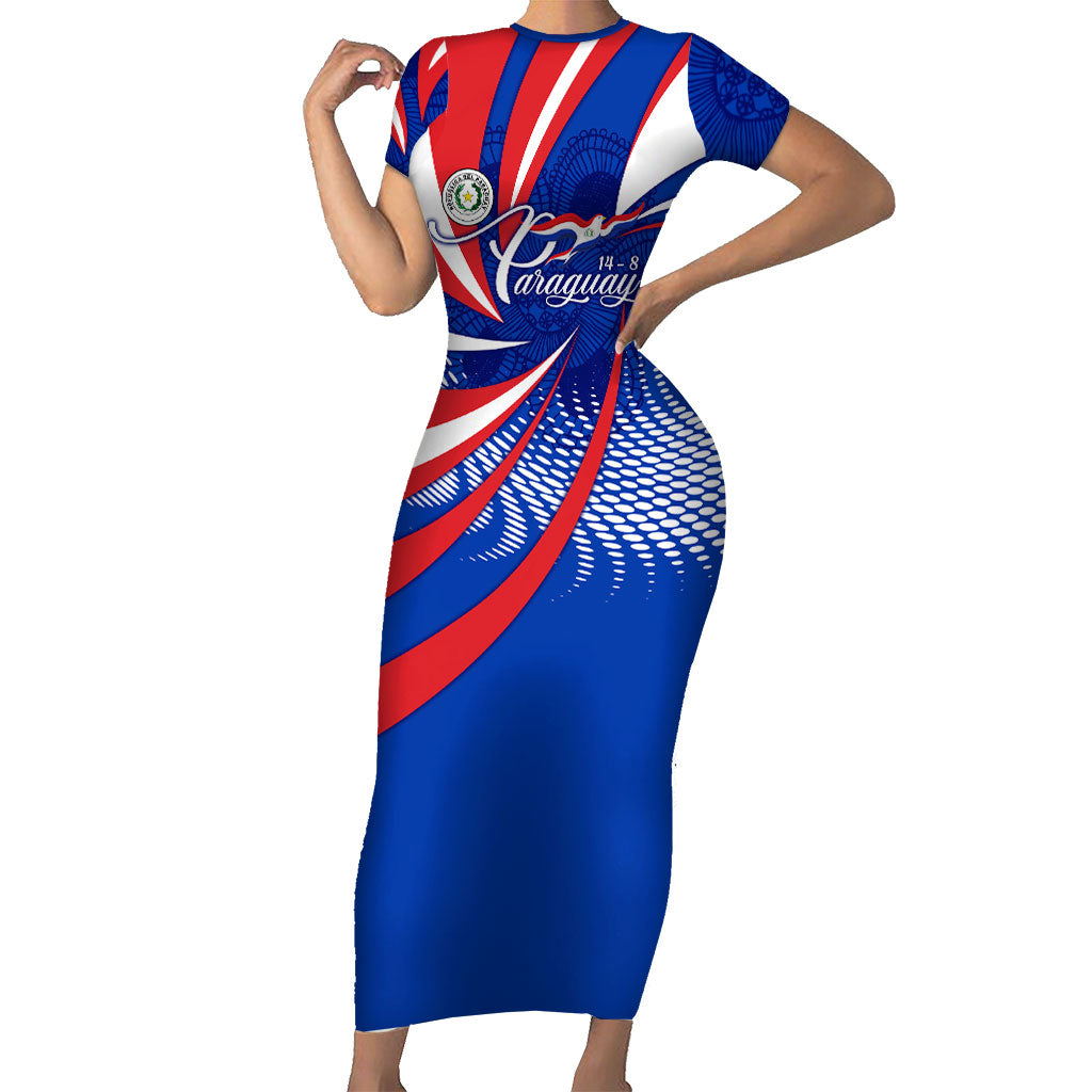 Paraguay Flag Day Short Sleeve Bodycon Dress Patriotic Sunburst Traditional Ñandutí Lace