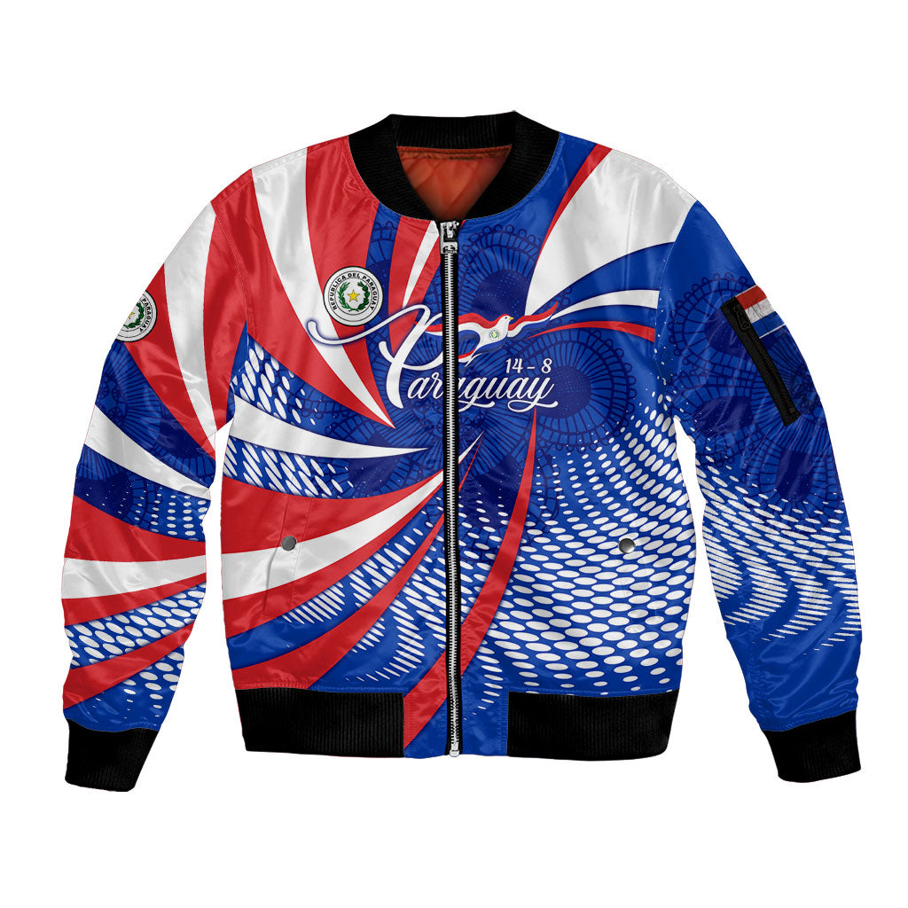 Paraguay Flag Day Sleeve Zip Bomber Jacket Patriotic Sunburst Traditional Ñandutí Lace
