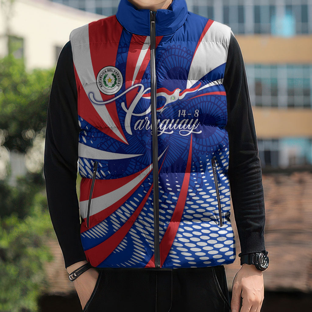 Paraguay Flag Day Sleeveless Puffer Jacket Patriotic Sunburst Traditional Ñandutí Lace