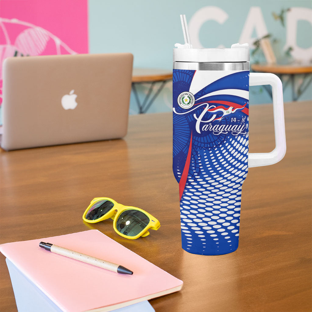 Paraguay Flag Day Tumbler With Handle Patriotic Sunburst Traditional Ñandutí Lace