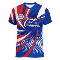 Paraguay Flag Day Women V-Neck T-Shirt Patriotic Sunburst Traditional Ñandutí Lace